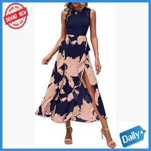 Sleeveless Crewneck Midi Dress Patchwork Ruffle A-Line Summer Party